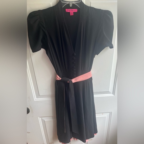Betsy Johnson Vintage 90s Pin Up Style Black and Pink Tie Waist‎ Dress Size 2 - Picture 1 of 7